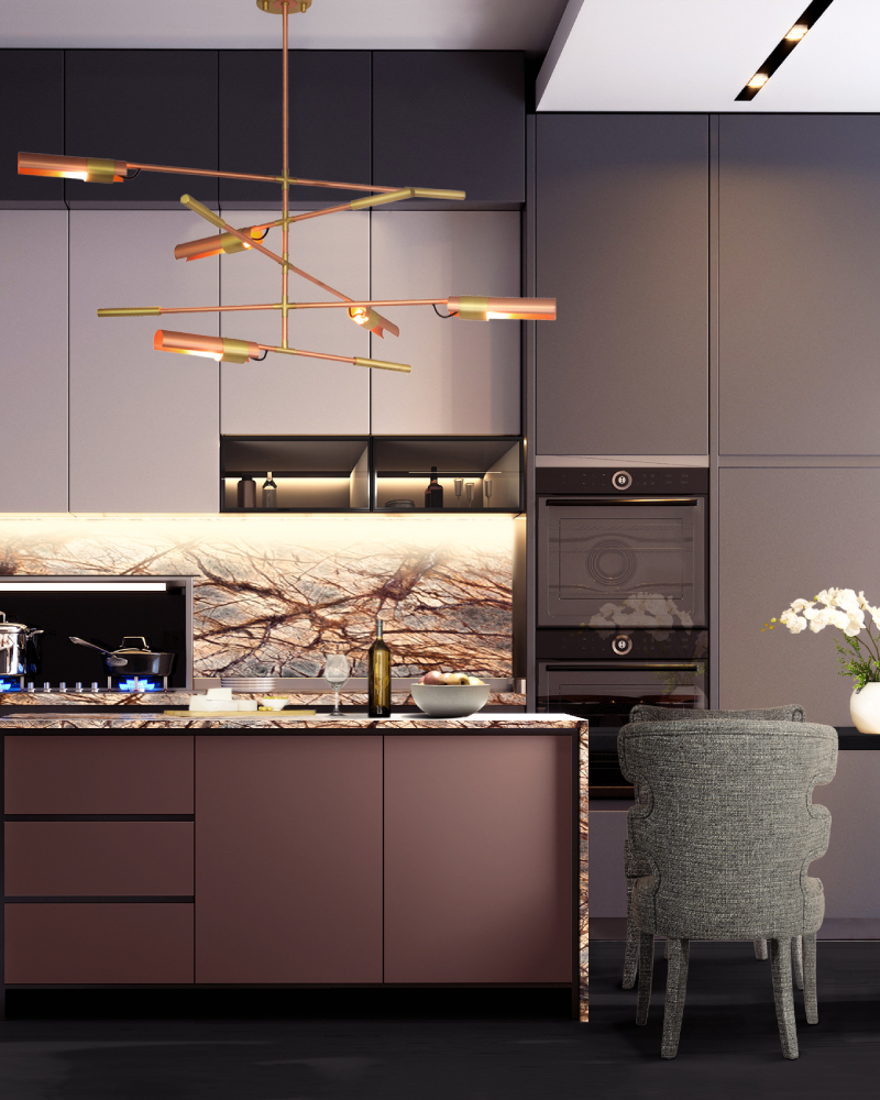 Michael London Design: Home Lighting Design. Modern contemporary kitchens, like this one, have an open floor plan with plenty of light and simple line furnishings, like the GAIA Dining Chair and KOBEN Suspension Light.